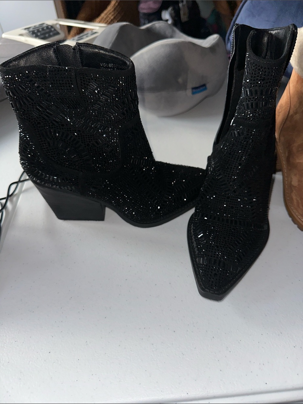 Very G Black Beaded Pointed Western Ankle Boots